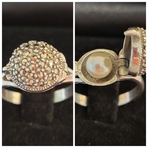 Vintage Unique Handcrafted 925 Sterling Silver, Pearl, and Marcasite Ring